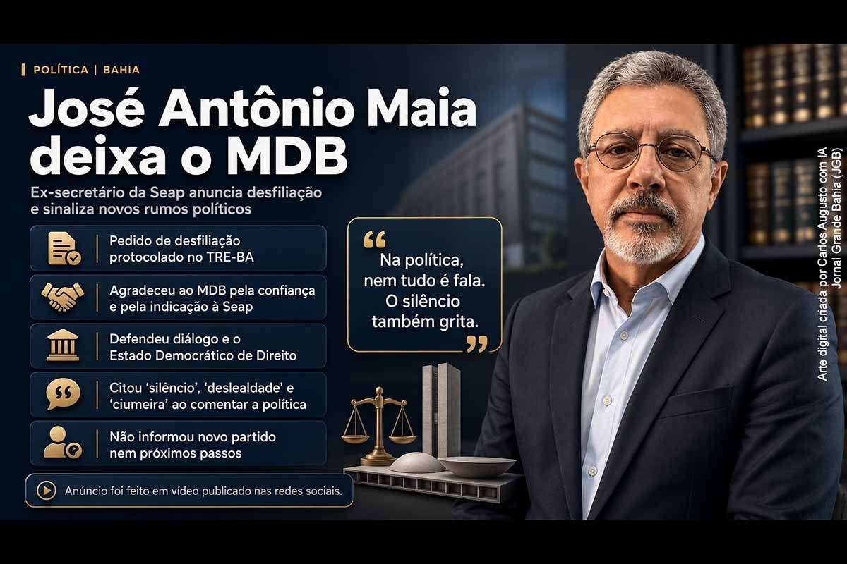 O advogado e ex-secretário estadual José Antônio Maia anunciou sua desfiliação do MDB nesta sexta-feira (10/07/2026). Em vídeo, ele agradeceu à legenda pela indicação para comandar a Seap, defendeu o diálogo democrático e fez críticas indiretas ao silêncio, à deslealdade e à traição no ambiente político. Maia afirmou que seguirá novos rumos, mas não revelou seu próximo partido, eventual candidatura ou projeto político.