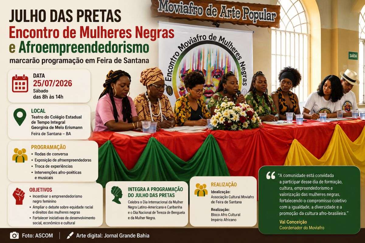 Evento reunirá rodas de conversa, exposição de afroempreendedoras, apresentações culturais e debates sobre equidade racial, empreendedorismo e valorização da cultura afro-brasileira em Feira de Santana.