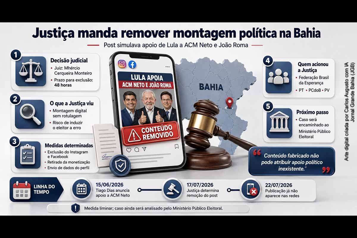 A Justiça Eleitoral determinou que a Meta removesse uma montagem publicada no perfil atribuído ao ex-prefeito de Jacobina Tiago Dias, apoiador de ACM Neto, que reunia Lula, João Roma e outras lideranças da oposição baiana. A decisão também suspendeu eventual monetização e exigiu dados cadastrais do perfil. O caso será encaminhado ao Ministério Público Eleitoral e ainda não representa condenação definitiva por fraude eleitoral.