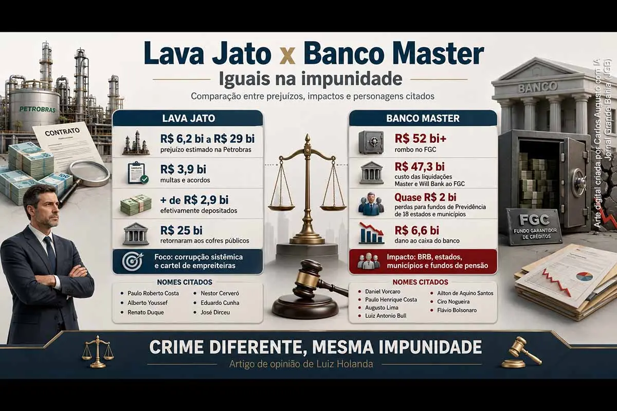 O advogado e professor Luiz Holanda compara as consequências financeiras, políticas e institucionais do caso Banco Master e da Operação Lava Jato. O artigo destaca perdas bilionárias relacionadas ao FGC, ao BRB, à Petrobras e a fundos previdenciários, além de mencionar empresários, agentes públicos, políticos e integrantes do Judiciário citados nos episódios. Para o autor, apesar das diferenças entre os casos, ambos revelam conexões de poder e persistente ausência de responsabilização.