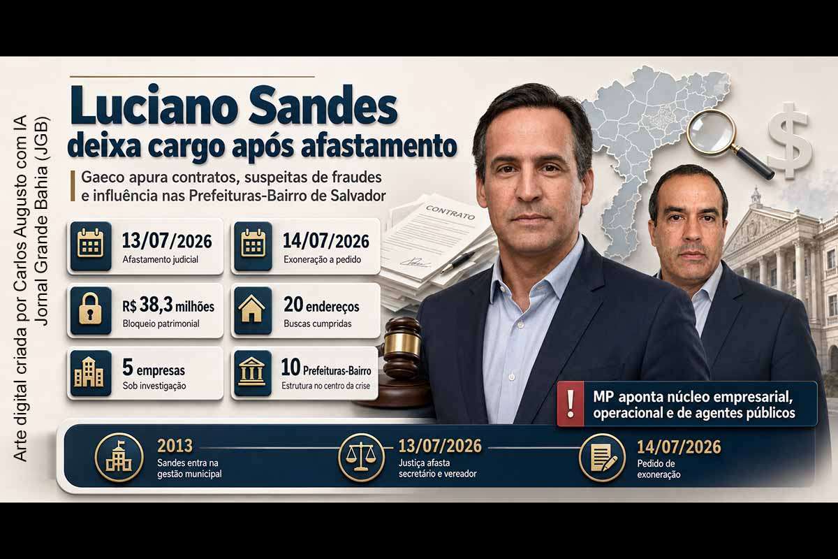 Luciano Sandes pediu exoneração da Secretaria de Articulação Comunitária e Prefeituras-Bairro após ser afastado pela Justiça em operação do Gaeco. A investigação apura contratos, fraudes e possível prejuízo de R$ 38,3 milhões. Empresas relacionadas ao caso receberam R$ 321,1 milhões desde 2015. Paralelamente, a oposição denuncia o loteamento político das unidades regionais, acusação ainda sem comprovação documental e que exige apuração independente.