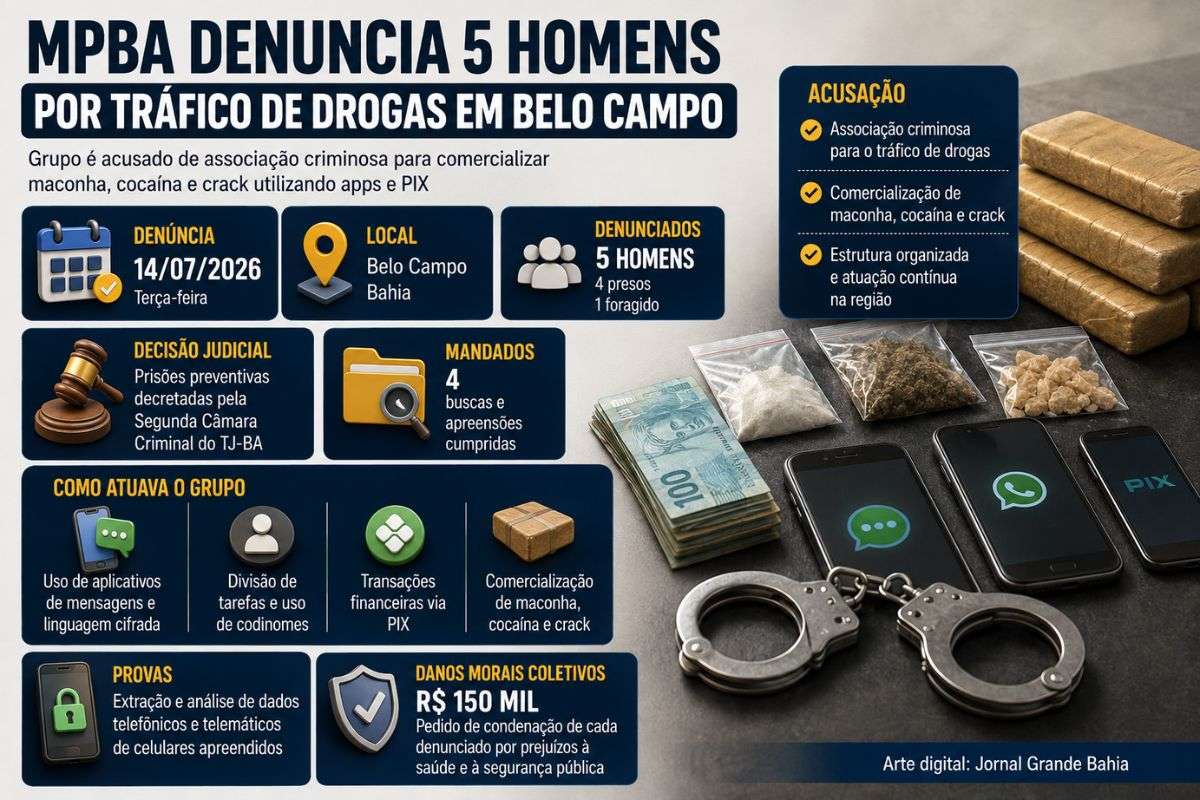 Ministério Público da Bahia acusa grupo de integrar organização voltada ao tráfico de drogas, com uso de aplicativos de mensagens, transferências via PIX e divisão de funções; quatro investigados estão presos e um permanece foragido.