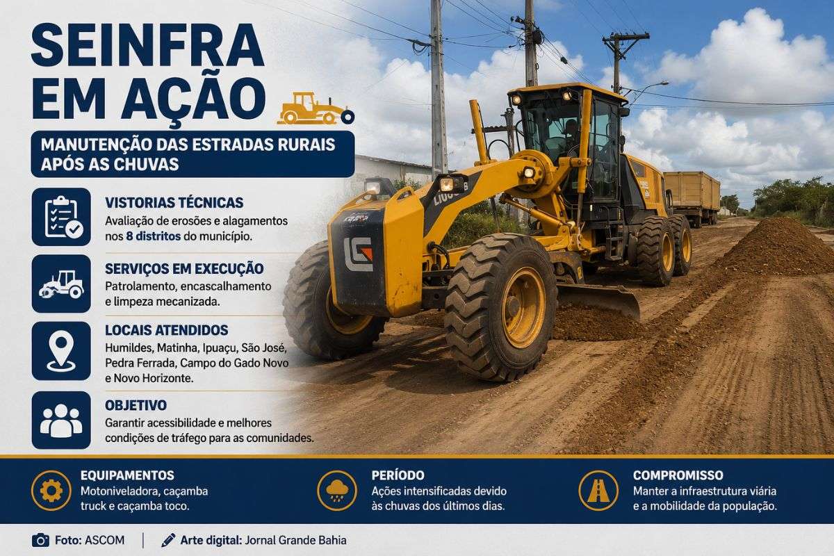 Equipes da Secretaria Municipal de Infraestrutura avaliam danos provocados pelas chuvas e executam serviços de patrolamento, encascalhamento e limpeza mecanizada em distritos e bairros de Feira de Santana.