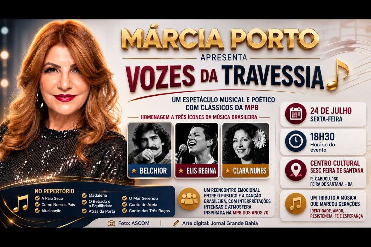 Espetáculo musical e poético será realizado na sexta-feira (24/07/2026), no Centro Cultural Sesc Feira de Santana, reunindo releituras de clássicos da música popular brasileira.