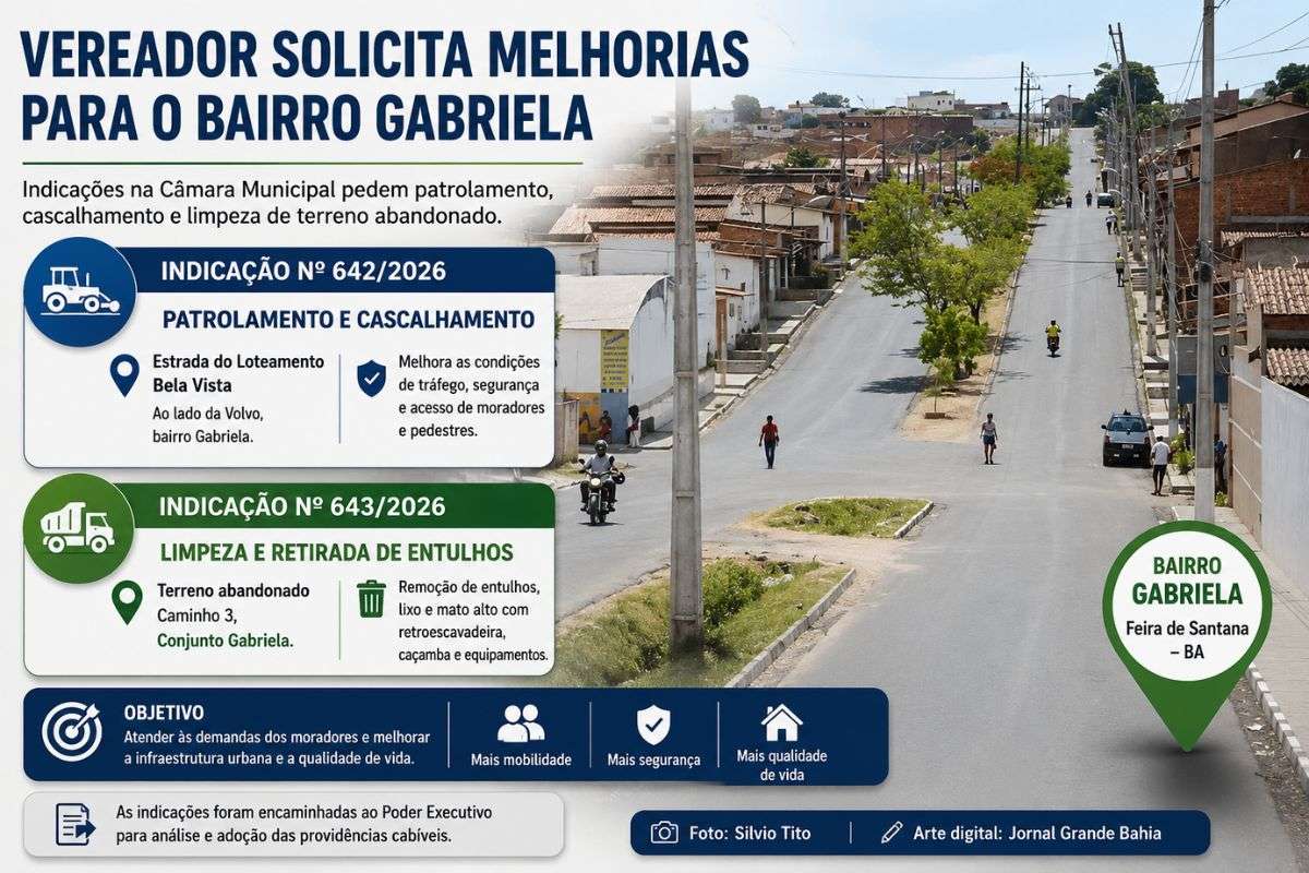 Indicações apresentadas na Câmara Municipal pedem melhorias na infraestrutura viária e remoção de entulhos em áreas do bairro Gabriela para ampliar a mobilidade e as condições de limpeza urbana.