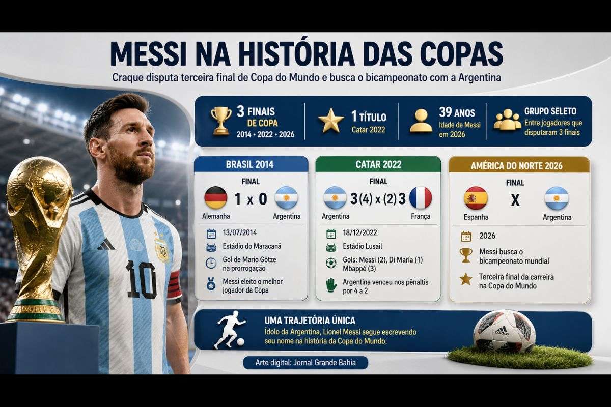 Após os vice-campeonatos e a conquista no Catar, Lionel Messi chega à terceira decisão da Copa do Mundo e pode ampliar sua trajetória no principal torneio de seleções da FIFA.