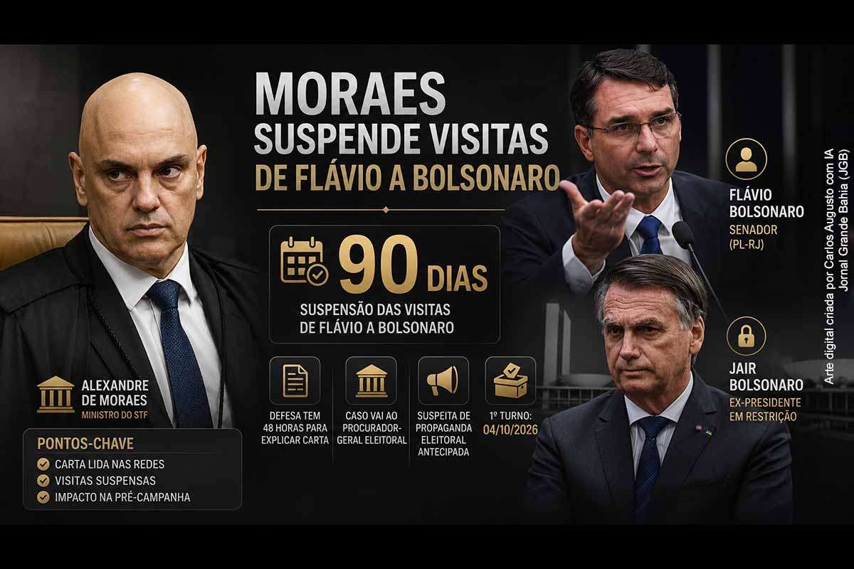 Alexandre de Moraes suspendeu por 90 dias as visitas de Flávio Bolsonaro ao ex-presidente Jair Bolsonaro após a divulgação de uma carta de apoio à pré-candidatura do senador. A defesa terá 48 horas para prestar esclarecimentos, e o procurador-geral eleitoral analisará possível propaganda antecipada. Flávio acusa interferência eleitoral, anuncia recurso e aciona a OAB, enquanto a restrição deve permanecer durante todo o primeiro turno de 2026.