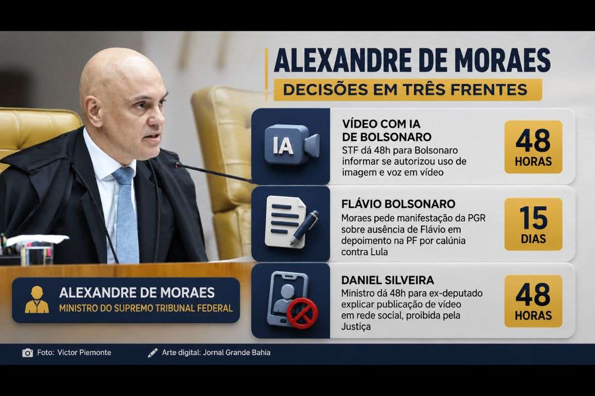 Decisões do ministro Alexandre de Moraes envolvem uso de inteligência artificial, investigação por calúnia contra Lula e suposto descumprimento de medidas judiciais.