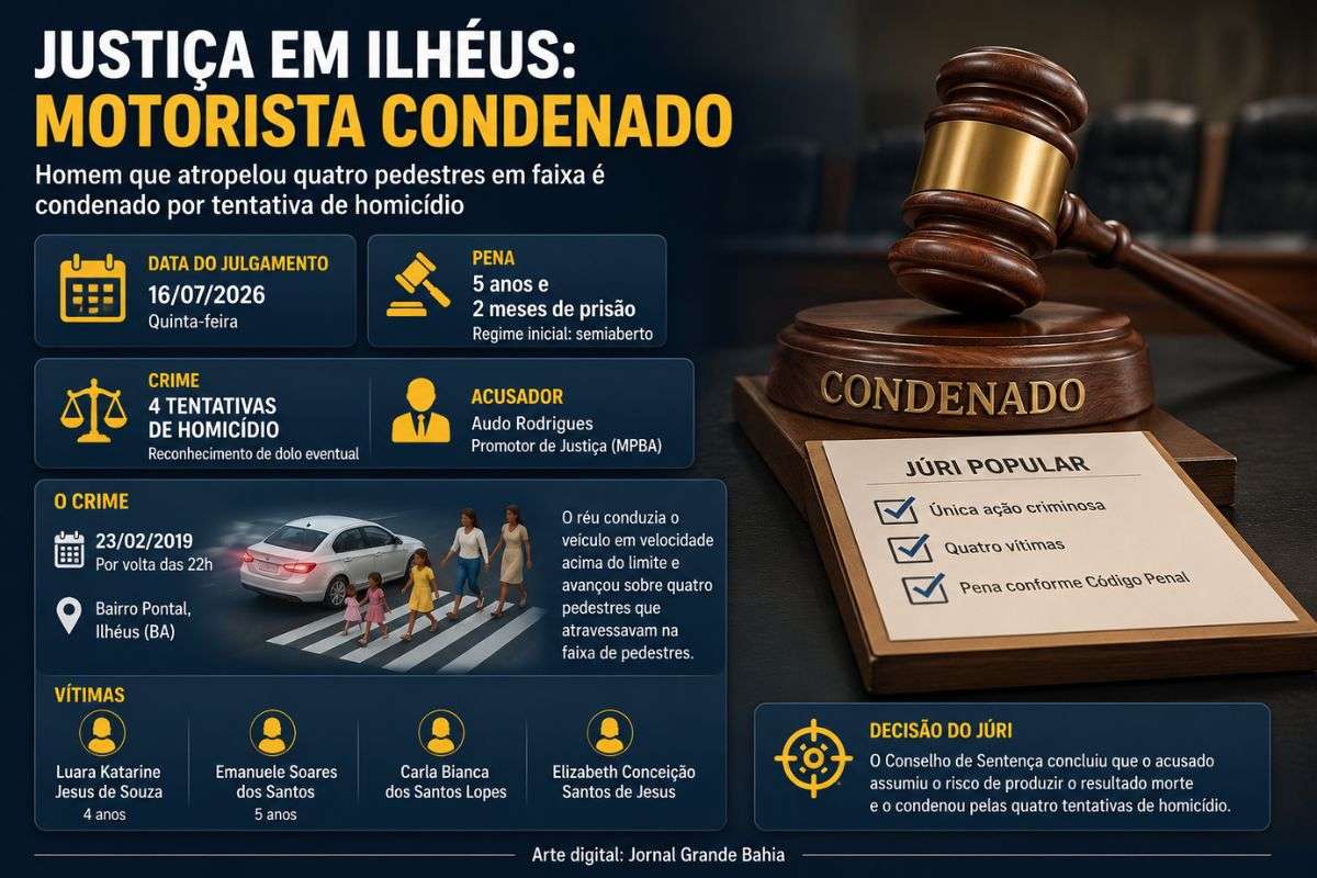 Tribunal do Júri condenou homem a cinco anos e dois meses de prisão após reconhecer dolo eventual em atropelamento ocorrido em 2019, no bairro Pontal, em Ilhéus.