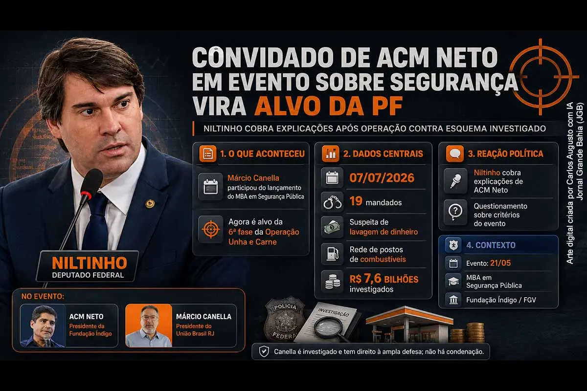 O deputado estadual Niltinho cobrou explicações de ACM Neto após Márcio Canella, ex-prefeito de Belford Roxo e dirigente do União Brasil no Rio, tornar-se alvo da 6ª fase da Operação Unha e Carne. A PF investiga suspeita de lavagem de dinheiro por rede de postos de combustíveis que teria movimentado R$ 7,6 bilhões. O caso expõe tensão entre discurso político sobre segurança pública e critérios de seleção de convidados da Fundação Índigo.