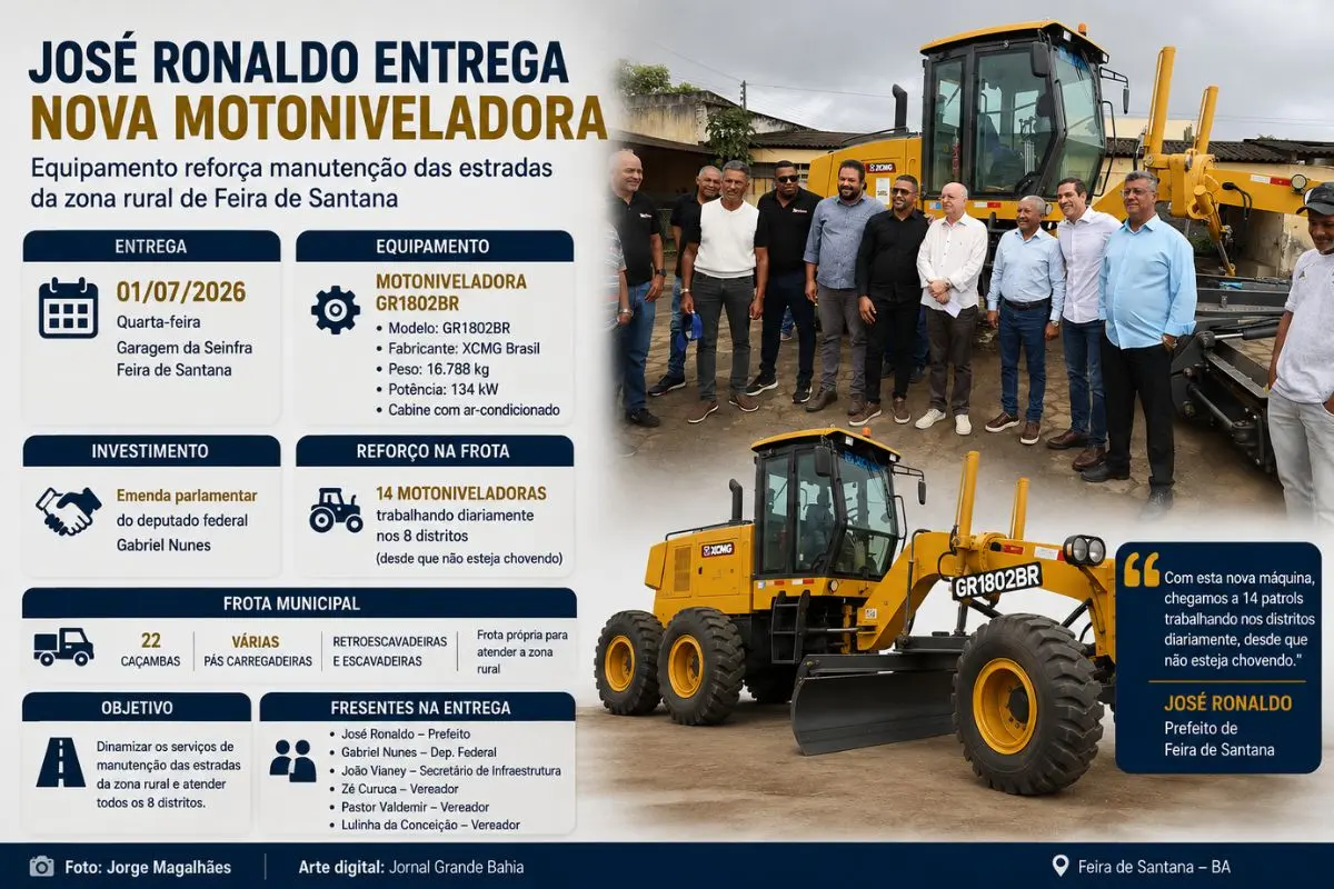 Equipamento entregue nesta quarta-feira (01/07/2026) reforça a frota da Secretaria de Infraestrutura e amplia os serviços nos oito distritos do município.