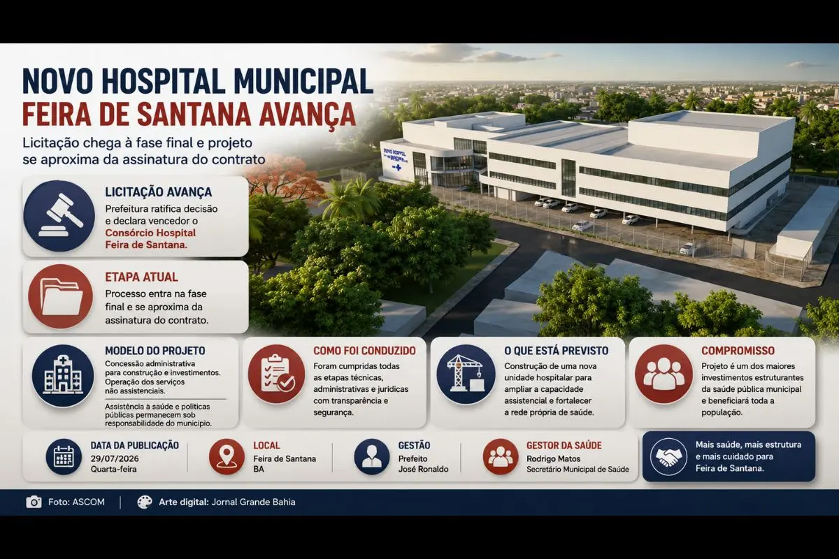 Ratificação da decisão administrativa confirma o consórcio vencedor da licitação e aproxima o início da implantação do novo Hospital Municipal de Feira de Santana.