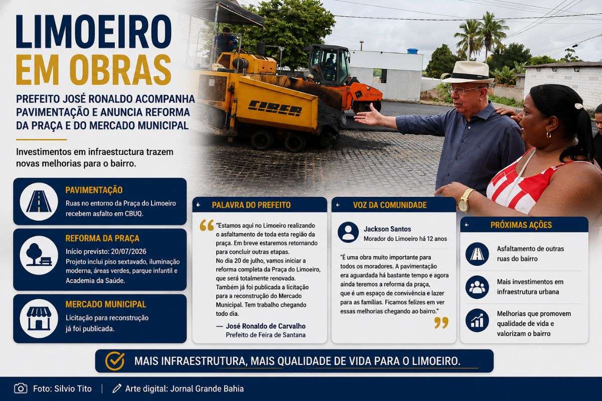 Pavimentação asfáltica avança no entorno da Praça do Limoeiro, enquanto Prefeitura prepara novas etapas de requalificação urbana no bairro.