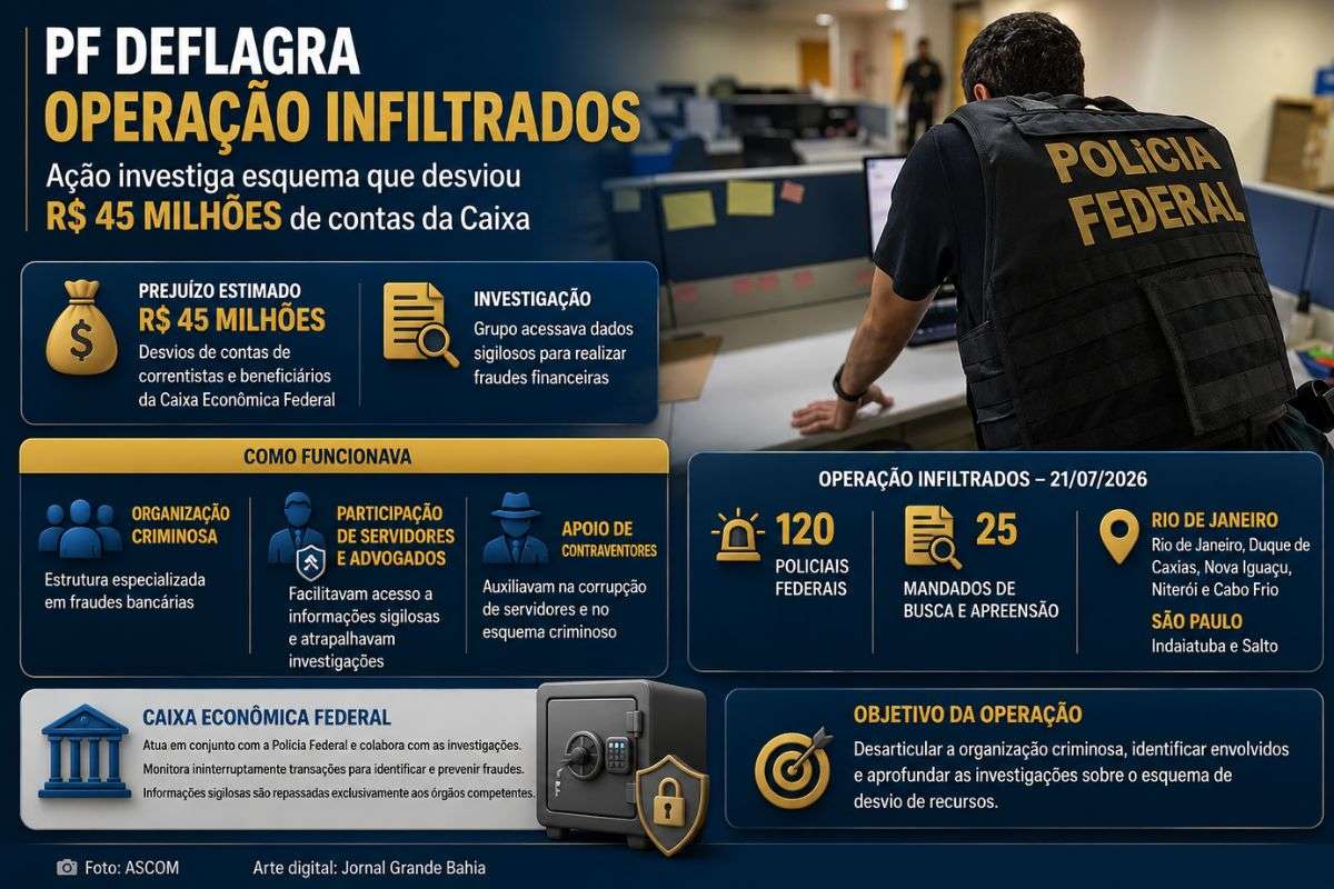 Operação da Polícia Federal cumpriu 25 mandados de busca e apreensão em municípios do Rio de Janeiro e de São Paulo para investigar esquema que teria desviado recursos de correntistas da Caixa Econômica Federal (CEF).
