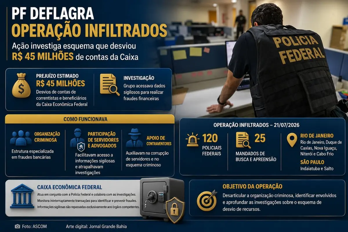 Operação da Polícia Federal cumpriu 25 mandados de busca e apreensão em municípios do Rio de Janeiro e de São Paulo para investigar esquema que teria desviado recursos de correntistas da Caixa Econômica Federal (CEF).