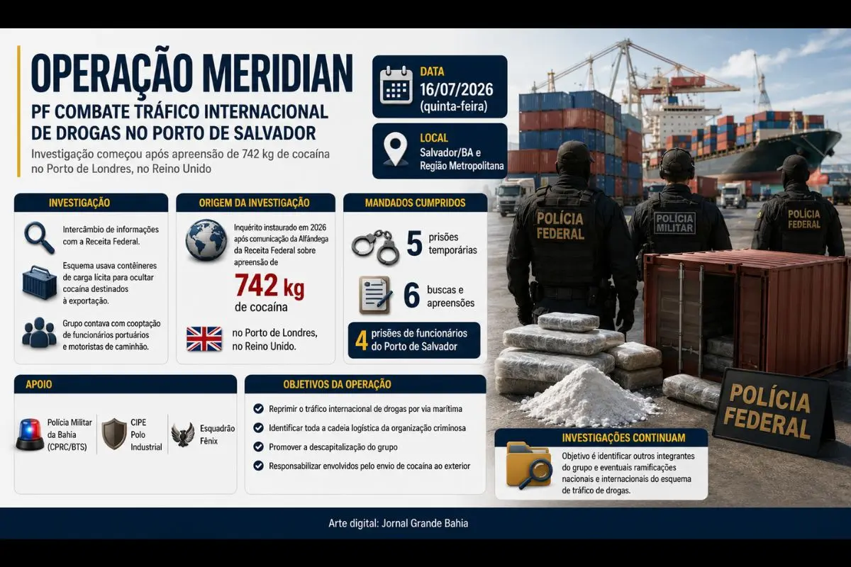 Investigação aponta atuação de organização criminosa no Porto de Salvador; operação cumpre prisões e buscas para identificar toda a cadeia logística do envio de cocaína ao exterior.