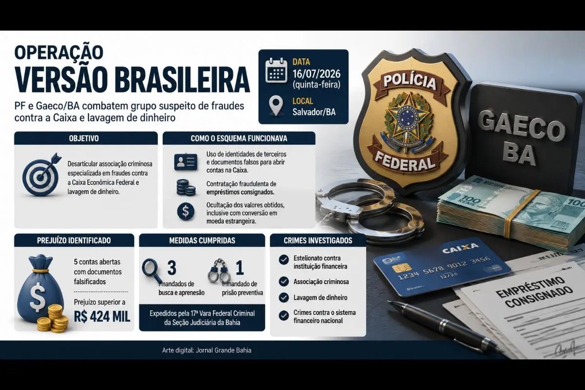 Investigação aponta prejuízo superior a R$ 424 mil com abertura de contas falsas, empréstimos fraudulentos e operações de ocultação de recursos; ação cumpre mandados na capital baiana.