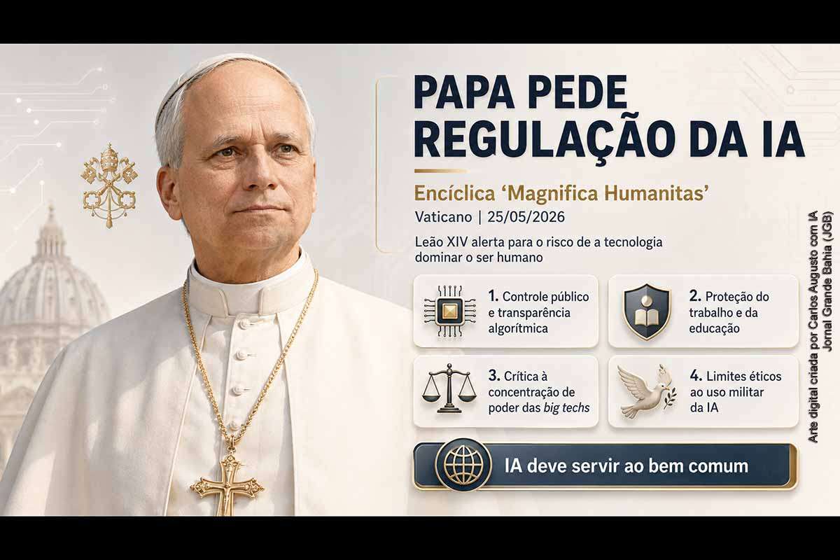 O papa Leão XIV apresentou a encíclica Magnifica Humanitas, dedicada à salvaguarda da pessoa humana na era da inteligência artificial. O documento defende regulação da IA, transparência algorítmica, controle público dos dados, proteção do trabalho e limites ao uso militar da tecnologia. A encíclica critica a concentração de poder nas big techs e afirma que a inovação deve servir ao bem comum.
