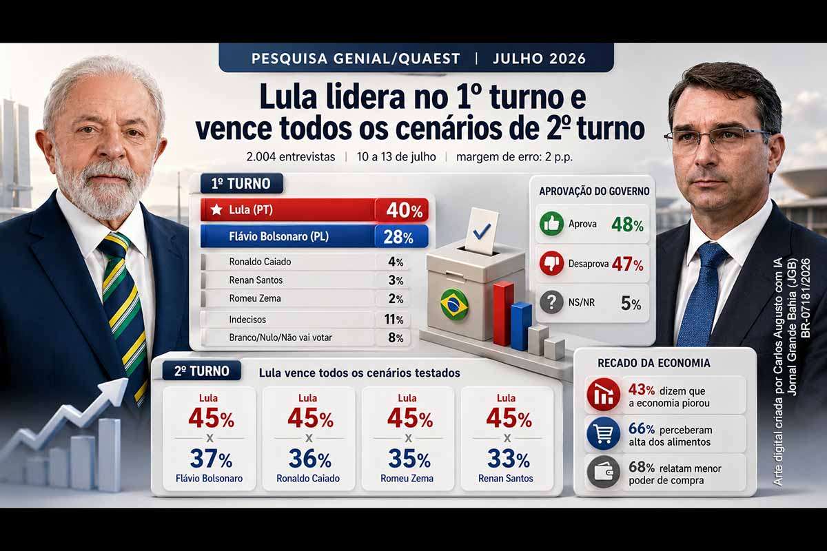 A pesquisa Genial/Quaest de julho de 2026 mostra Lula com 40% das intenções de voto, contra 28% de Flávio Bolsonaro, e vantagem petista nos quatro cenários de segundo turno. A aprovação do governo chega a 48%, mas persistem avaliações negativas sobre alimentos, renda e emprego. O estudo também aborda escala 6x1, Desenrola, Banco Master, Jaques Wagner, Michelle Bolsonaro e hábitos de informação política.