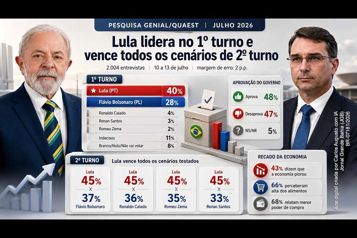A pesquisa Genial/Quaest de julho de 2026 mostra Lula com 40% das intenções de voto, contra 28% de Flávio Bolsonaro, e vantagem petista nos quatro cenários de segundo turno. A aprovação do governo chega a 48%, mas persistem avaliações negativas sobre alimentos, renda e emprego. O estudo também aborda escala 6x1, Desenrola, Banco Master, Jaques Wagner, Michelle Bolsonaro e hábitos de informação política.