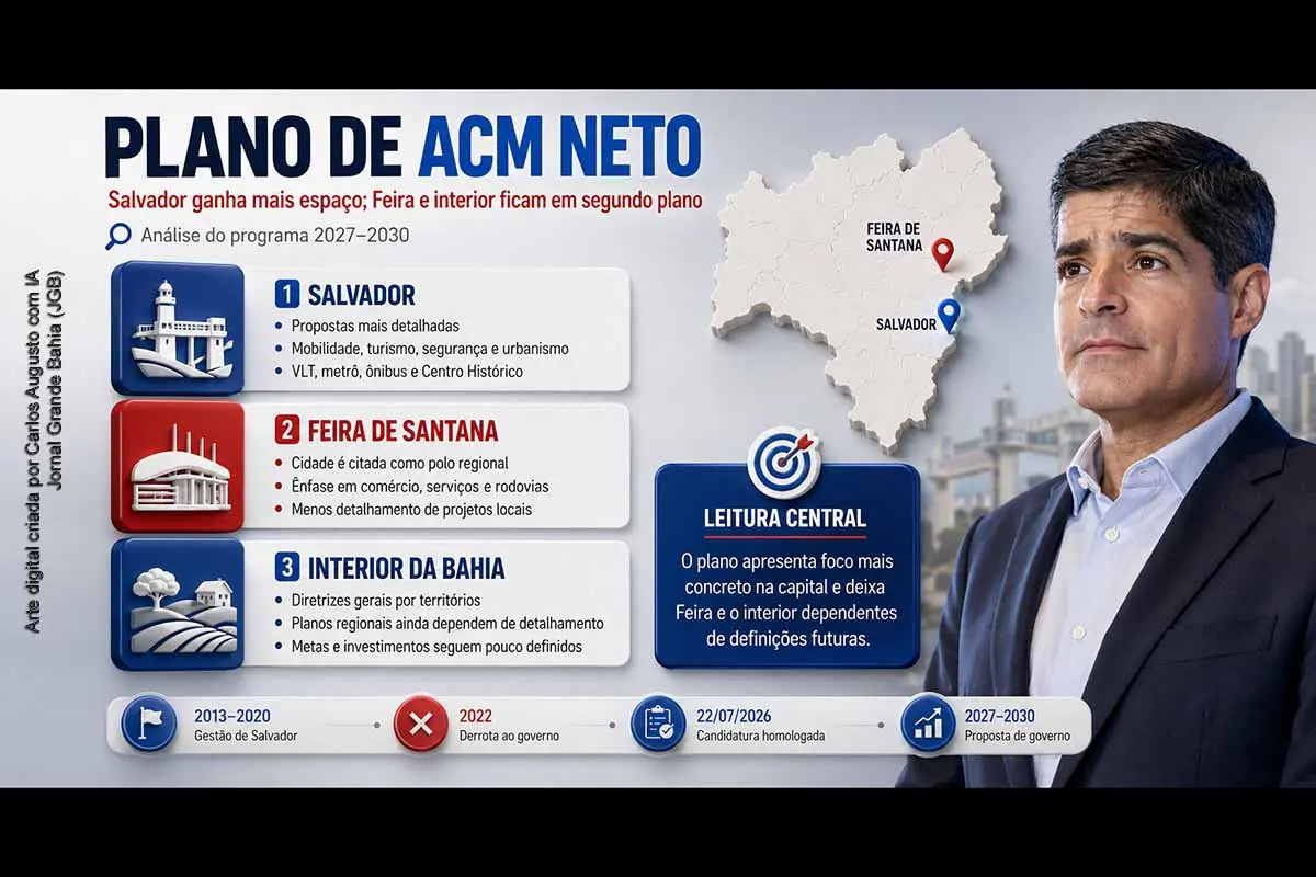 O plano de governo de ACM Neto para 2027–2030 apresenta propostas específicas para mobilidade, turismo, segurança, urbanismo e inovação em Salvador. Feira de Santana aparece em diagnósticos sobre violência, saneamento, comércio e rodovias, mas não recebe carteira própria de investimentos. Embora o documento proponha planejamento pelos 27 Territórios de Identidade, metas, recursos e cronogramas regionais permanecem dependentes de estudos posteriores.