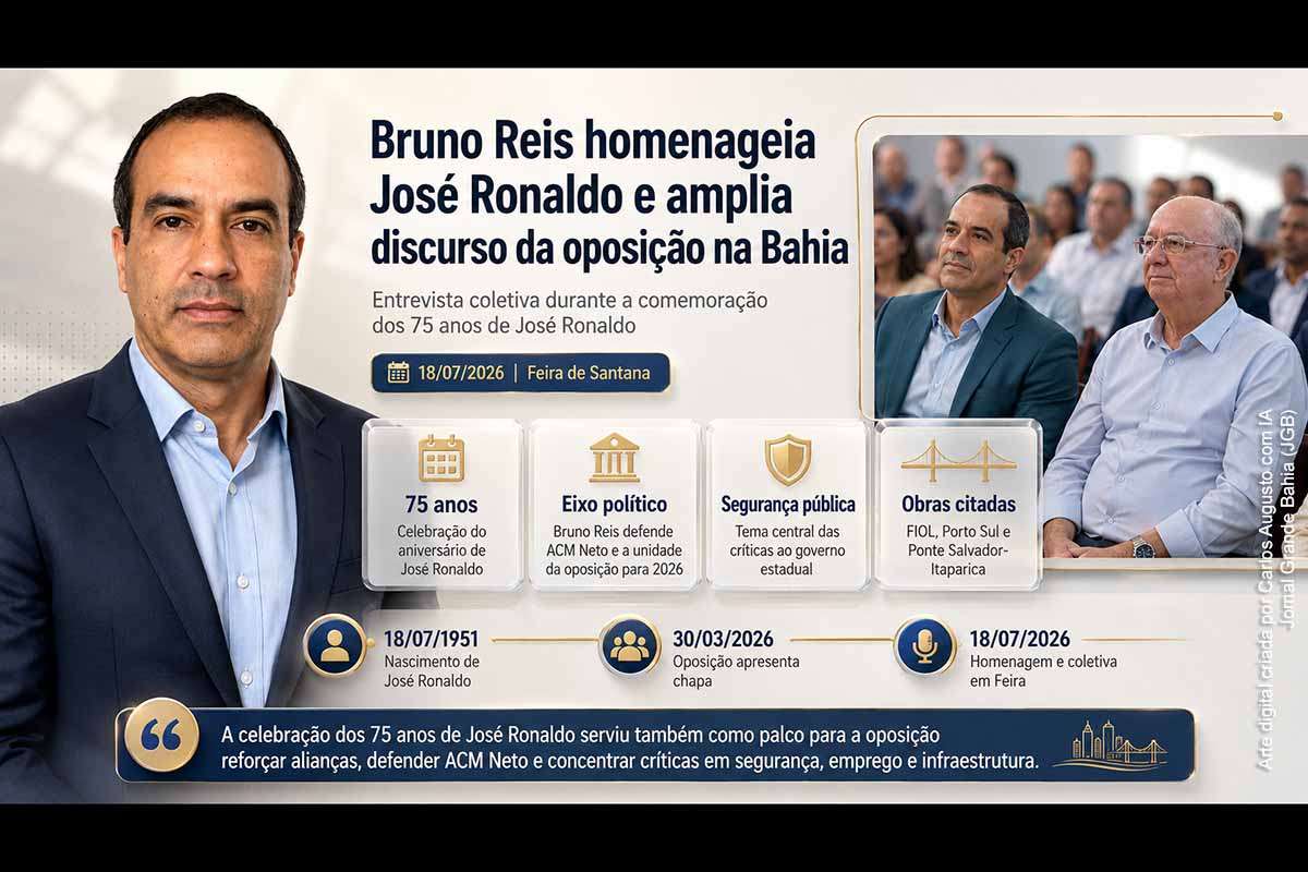 Durante a comemoração dos 75 anos de José Ronaldo, em Feira de Santana, Bruno Reis destacou a trajetória do prefeito, defendeu a pré-candidatura de ACM Neto ao Governo da Bahia e reforçou a unidade da oposição. O prefeito de Salvador criticou a gestão estadual nas áreas de segurança, emprego, educação e infraestrutura. Dados oficiais confirmam desafios persistentes, embora algumas declarações dependam de comprovação documental e contextualização metodológica.
