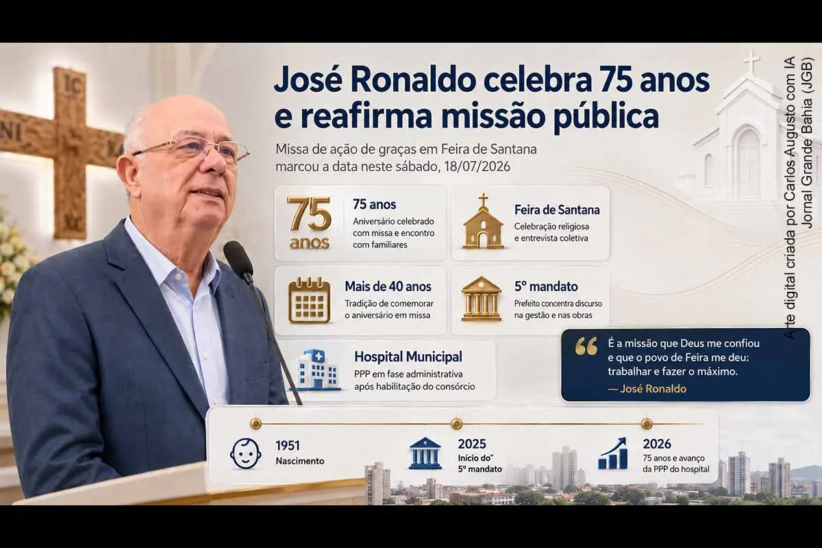 José Ronaldo celebrou 75 anos neste sábado com missa de ação de graças em Feira de Santana. Durante entrevista, o prefeito reafirmou o compromisso com o quinto mandato, evitou antecipar novos projetos eleitorais e destacou obras e licitações municipais. Entre as prioridades administrativas está a PPP do Hospital Municipal, cujo segundo consórcio foi habilitado em julho, mas o procedimento ainda depende das fases recursais e da formalização contratual.