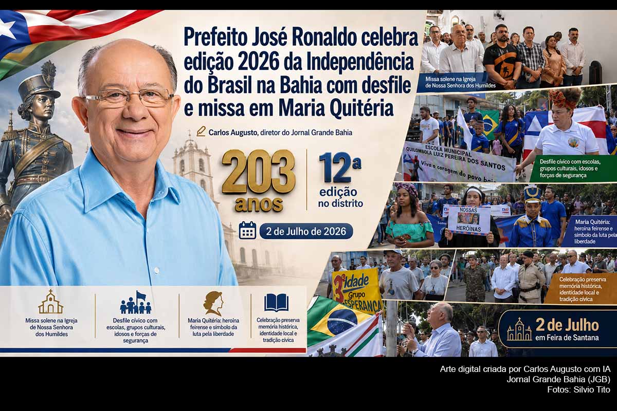 Feira de Santana celebrou, em 02/07/2026, os 203 anos da Independência do Brasil na Bahia com missa solene, desfile cívico e homenagens no distrito de Maria Quitéria. A programação reuniu o prefeito José Ronaldo, autoridades municipais, militares, estudantes, grupos culturais e moradores. A celebração reforçou a memória da heroína feirense e a importância da preservação histórica, cultural e educacional do 2 de Julho.