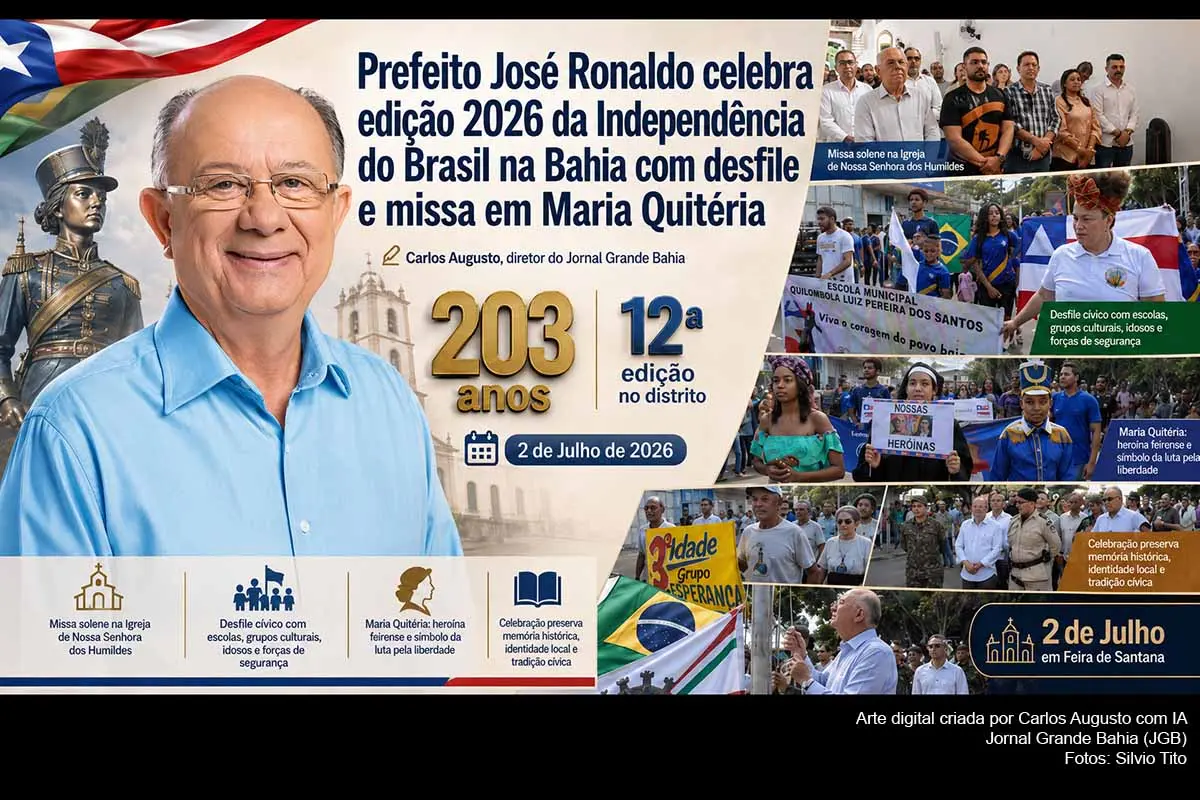 Feira de Santana celebrou, em 02/07/2026, os 203 anos da Independência do Brasil na Bahia com missa solene, desfile cívico e homenagens no distrito de Maria Quitéria. A programação reuniu o prefeito José Ronaldo, autoridades municipais, militares, estudantes, grupos culturais e moradores. A celebração reforçou a memória da heroína feirense e a importância da preservação histórica, cultural e educacional do 2 de Julho.