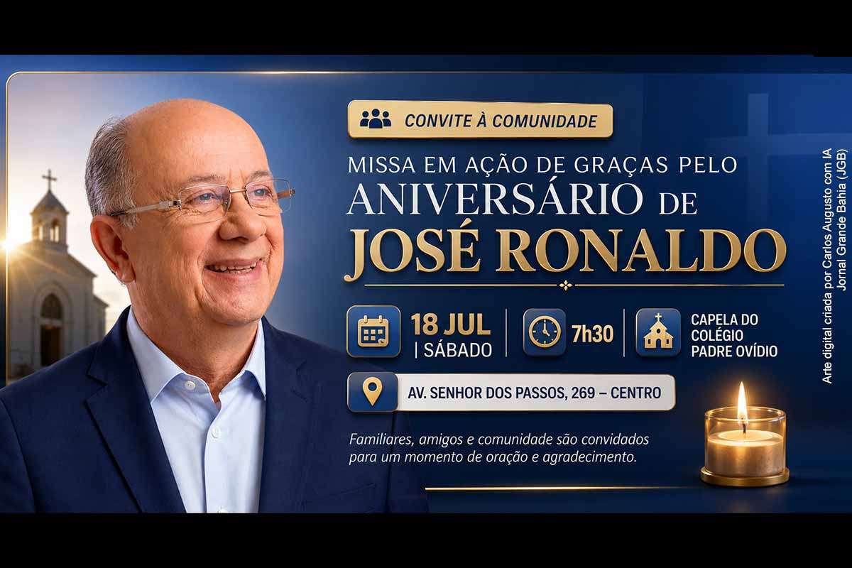 O prefeito de Feira de Santana, José Ronaldo de Carvalho, completará 75 anos neste sábado (18/07/2026) e participará de uma missa em ação de graças, às 7h30, na Capela do Colégio Padre Ovídio. A celebração reunirá familiares, amigos e integrantes da comunidade. Nascido em Paripiranga em 1951, José Ronaldo exerce atualmente seu quinto mandato no comando do Executivo municipal.