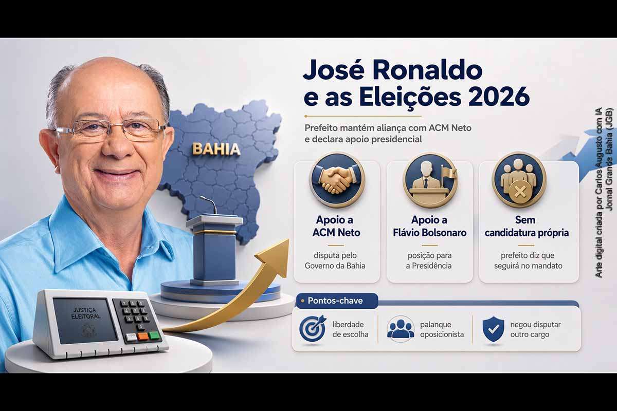 José Ronaldo defendeu a liberdade de apoiar Flávio Bolsonaro para presidente enquanto mantém sua aliança com ACM Neto na disputa pelo Governo da Bahia. O prefeito negou conflito no grupo oposicionista e descartou concorrer a outro cargo em 2026. Também atribuiu painéis instalados fora de Feira de Santana a homenagens de apoiadores. A composição do palanque estadual deverá ser testada durante a campanha presidencial.