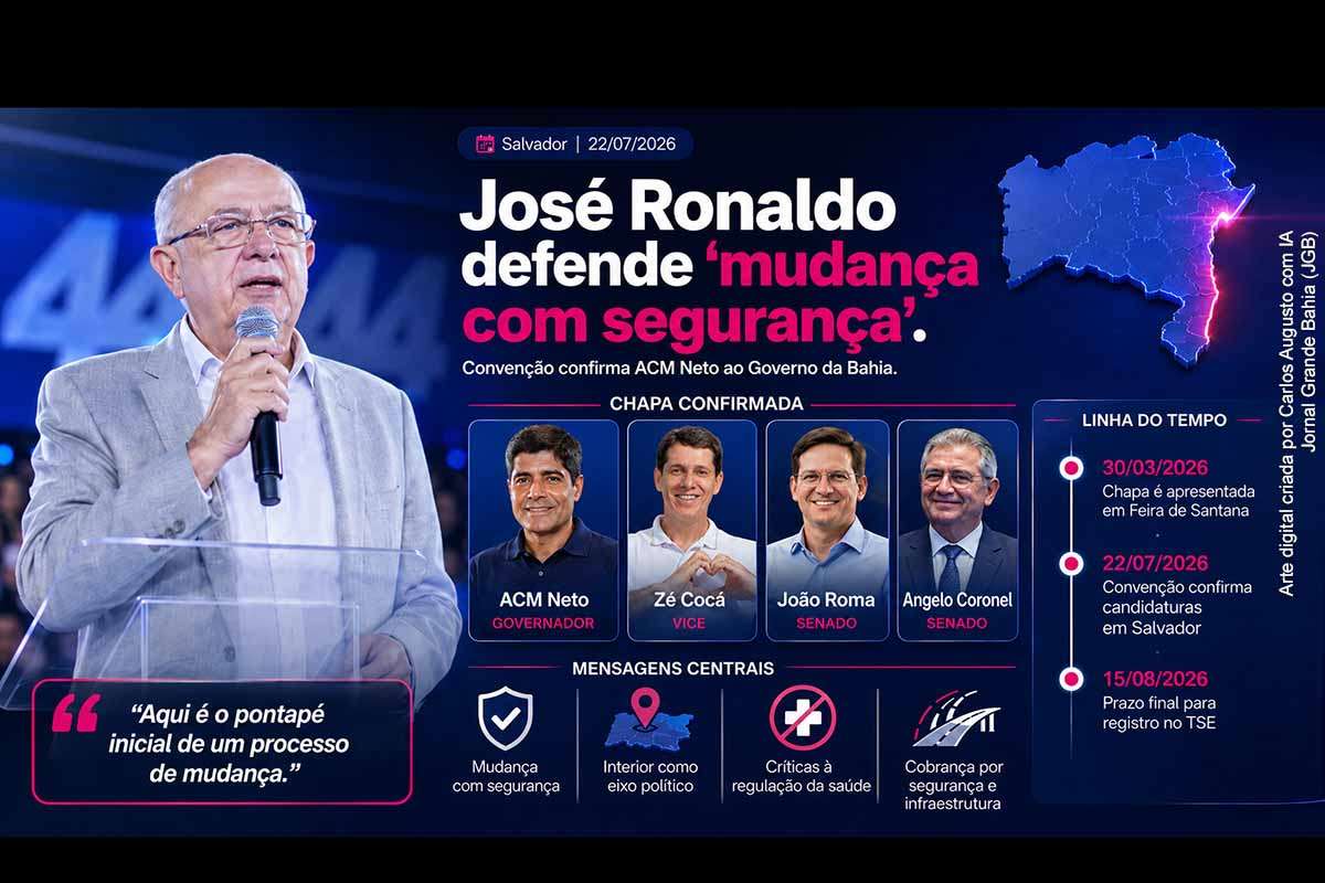 O prefeito de Feira de Santana, José Ronaldo, defendeu a chapa formada por ACM Neto, Zé Cocá, João Roma e Angelo Coronel durante convenção realizada em Salvador. Em seu discurso, destacou a mobilização do interior, elogiou a experiência dos candidatos e criticou segurança pública, regulação da saúde e infraestrutura. As candidaturas ainda deverão ser registradas na Justiça Eleitoral antes do início oficial da propaganda.