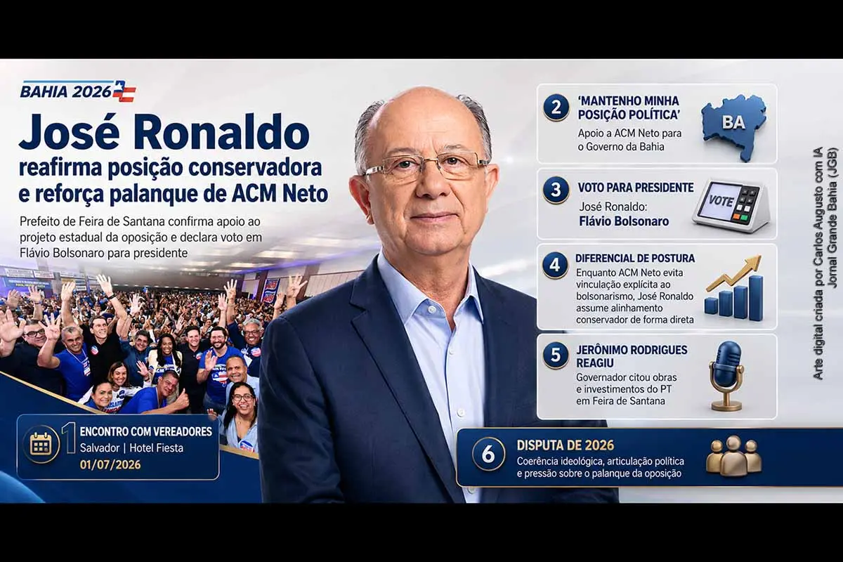 José Ronaldo participou do encontro “Vereadores com Neto”, em Salvador, reafirmou apoio a ACM Neto e confirmou voto em Flávio Bolsonaro para presidente em 2026. A declaração fortalece sua imagem como liderança conservadora de direita, pressiona ACM Neto a definir melhor seu palanque nacional e provocou reação de Jerônimo Rodrigues, que contrapôs a fala com investimentos do PT em Feira de Santana.