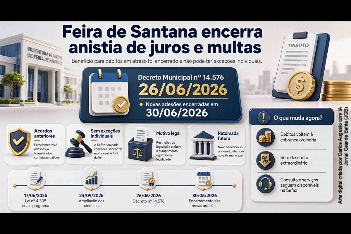 A Prefeitura de Feira de Santana encerrou as novas adesões à anistia de juros, multas e encargos sobre débitos municipais. O Decreto nº 14.576/2026 preservou os acordos anteriormente formalizados e determinou a retomada da cobrança ordinária. A Sefaz informou que não poderá conceder exceções individuais. Uma eventual retomada dos benefícios dependerá de nova lei municipal, avaliação fiscal e compatibilidade com as restrições da legislação eleitoral.