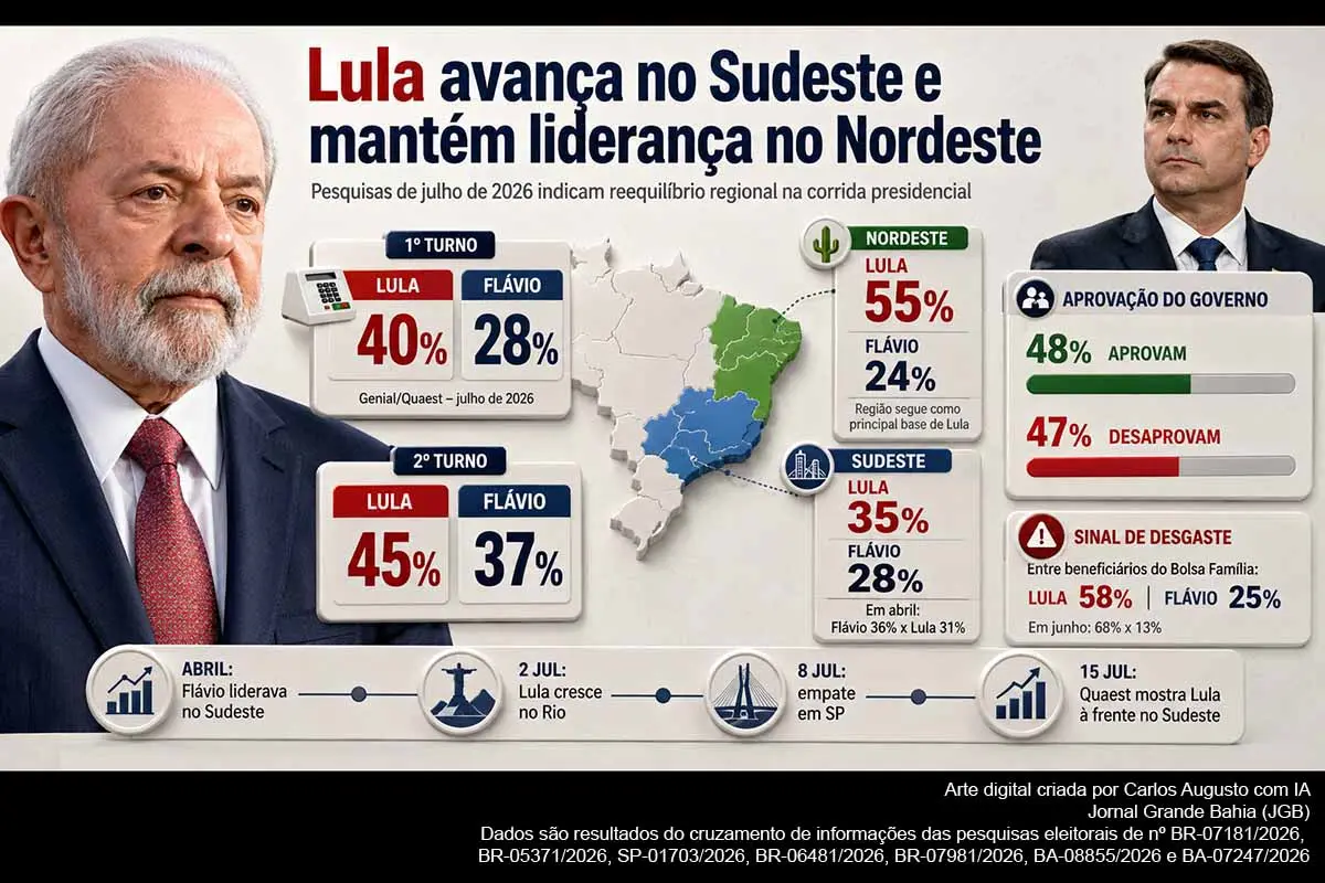 Pesquisas divulgadas em julho de 2026 mostram Lula com 40% das intenções de voto, contra 28% de Flávio Bolsonaro, e vantagem de 45% a 37% no segundo turno. O presidente ultrapassou o adversário no Sudeste e mantém ampla liderança no Nordeste, embora enfrente perda relativa de apoio em segmentos estratégicos. A campanha oficial, a economia, a segurança pública e os palanques estaduais serão decisivos.