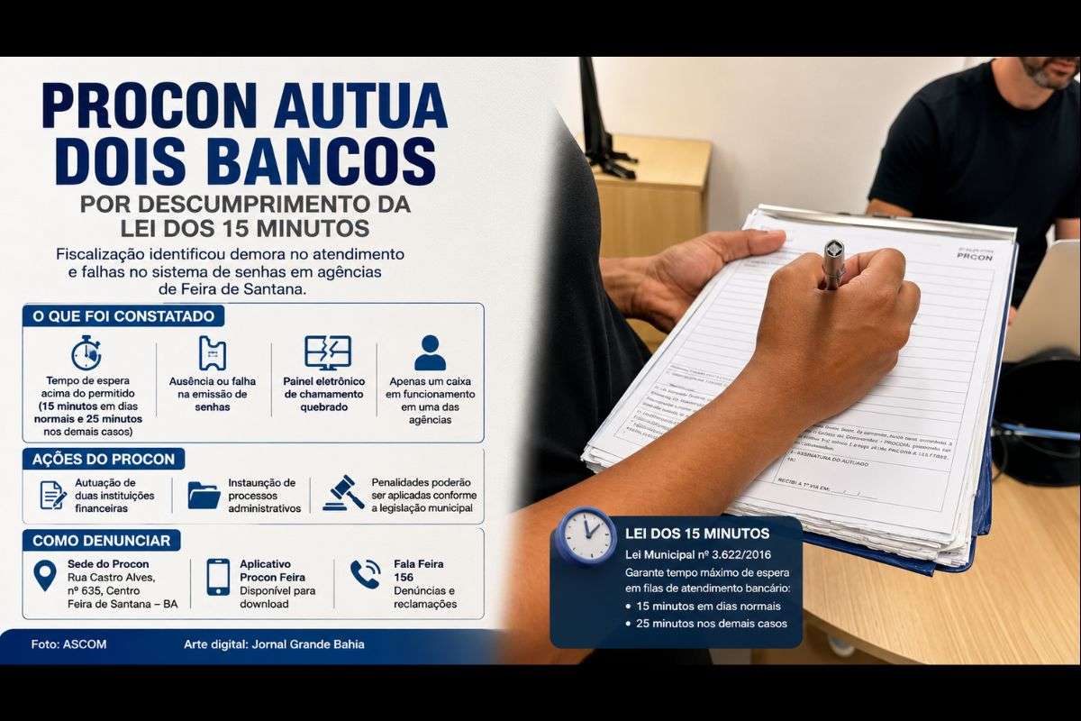 Fiscalização identificou demora no atendimento, falhas no sistema de senhas e abriu processos administrativos contra duas instituições financeiras.
