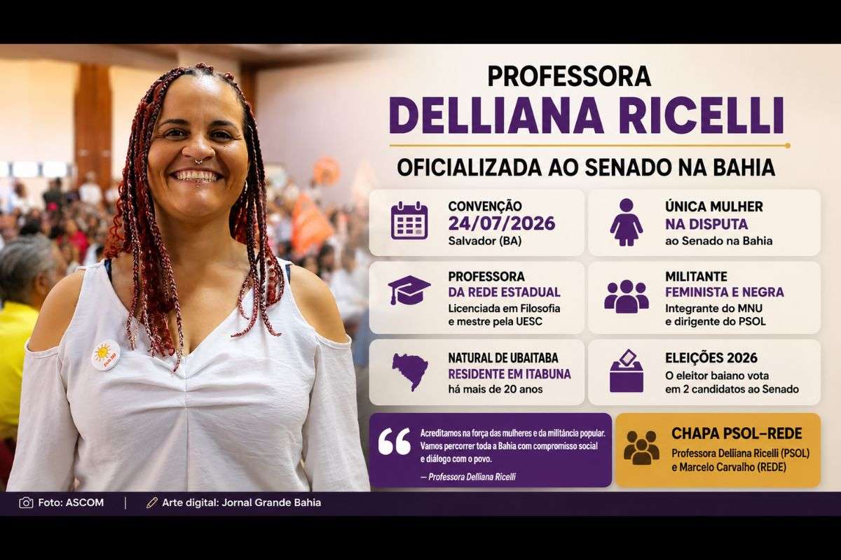 Convenção realizada em sexta-feira (24/07/2026), em Salvador, homologou a candidatura da professora Delliana Ricelli ao Senado Federal pela Federação PSOL-Rede.