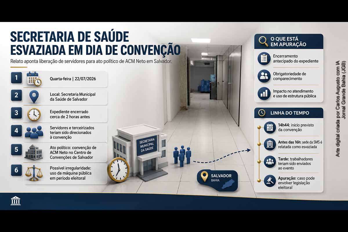 Relato encaminhado à reportagem afirma que a sede da Secretaria Municipal da Saúde de Salvador ficou esvaziada antes das 16h desta quarta-feira, quando servidores e terceirizados teriam sido direcionados à convenção que oficializou ACM Neto ao Governo da Bahia. A legislação proíbe o uso de trabalhadores públicos em campanhas durante o expediente. A acusação ainda depende de documentos, depoimentos adicionais, registros funcionais e manifestações oficiais dos envolvidos.