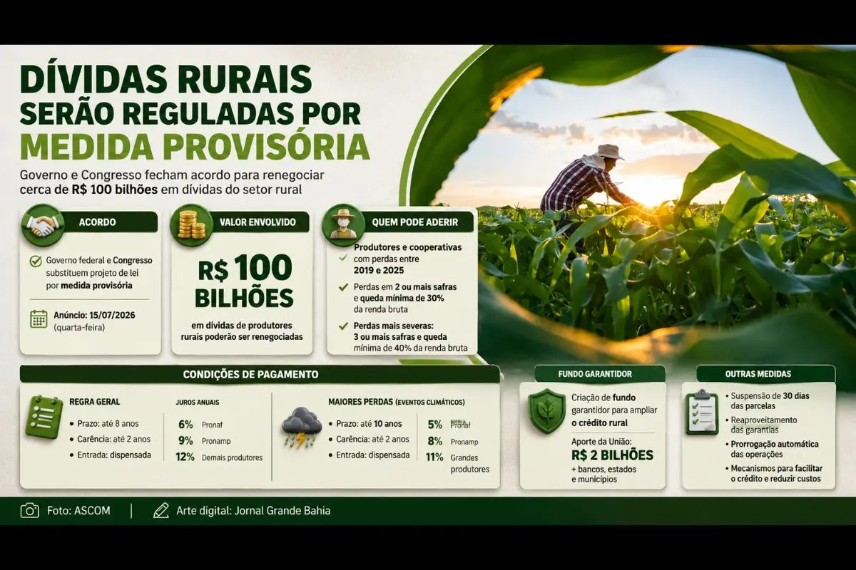 Medida provisória substituirá projeto de lei, permitirá renegociação de aproximadamente R$ 100 bilhões em dívidas rurais e criará fundo garantidor para ampliar o crédito no setor.