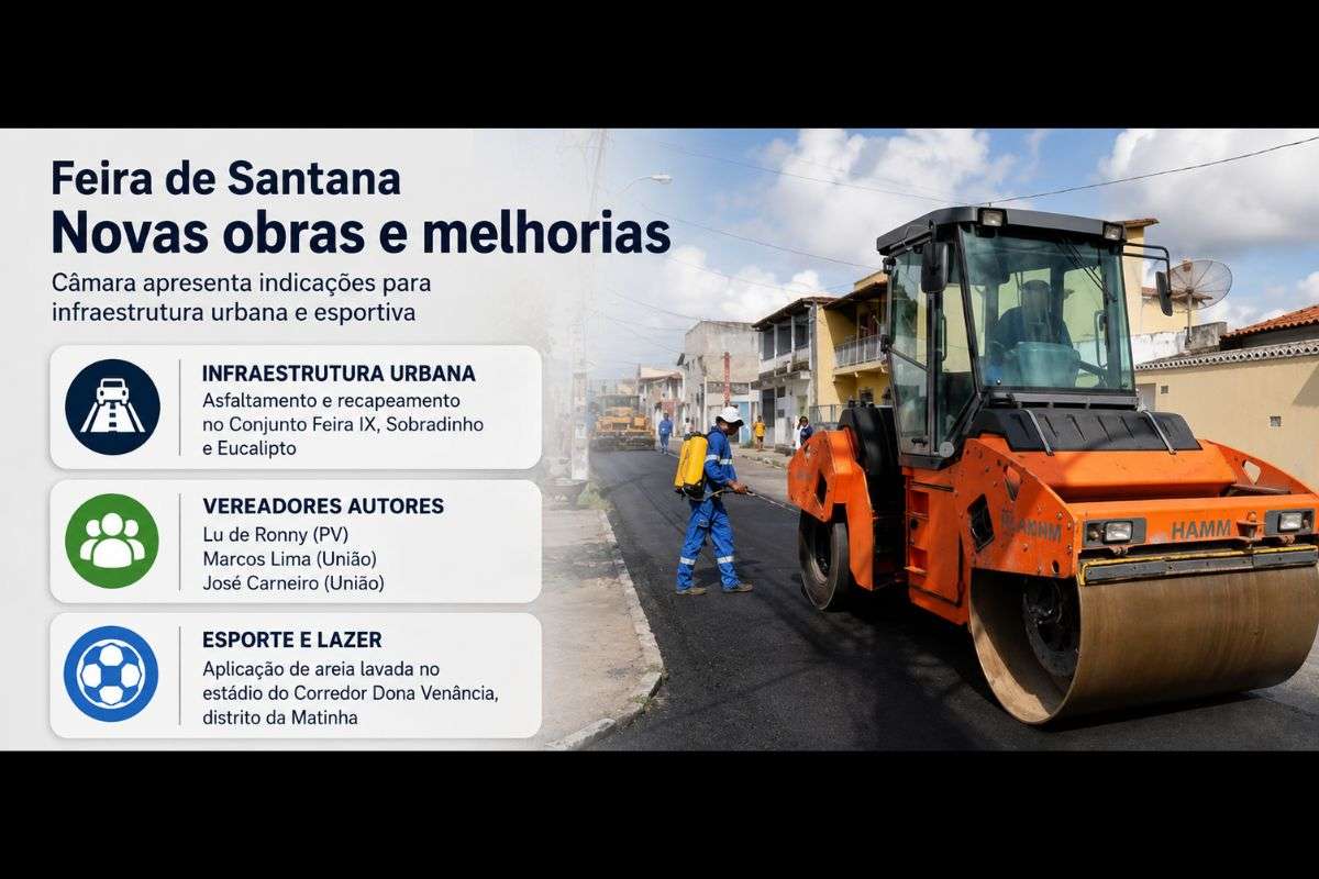 Propostas apresentadas por vereadores solicitam obras de infraestrutura viária e intervenções em equipamento esportivo para ampliar a mobilidade, a segurança e as condições de uso dos espaços públicos.
