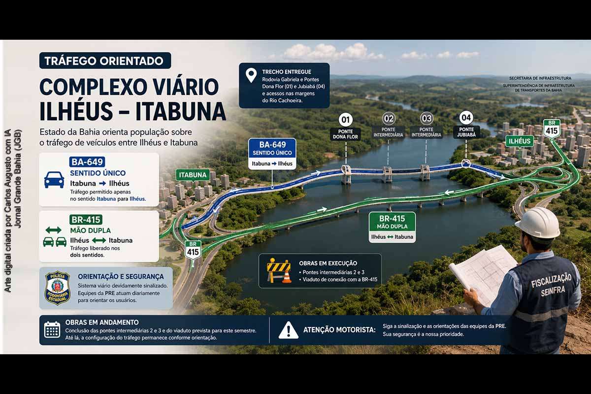 O Governo da Bahia informou que a BA-649 opera exclusivamente no sentido Itabuna–Ilhéus após a entrega da Rodovia Gabriela e das pontes Dona Flor e Jubiabá. A BR-415 permanece aberta nos dois sentidos e continua sendo a rota para quem viaja de Ilhéus para Itabuna. A configuração provisória será mantida até a conclusão das pontes intermediárias 2 e 3 e do viaduto previsto no sistema viário.