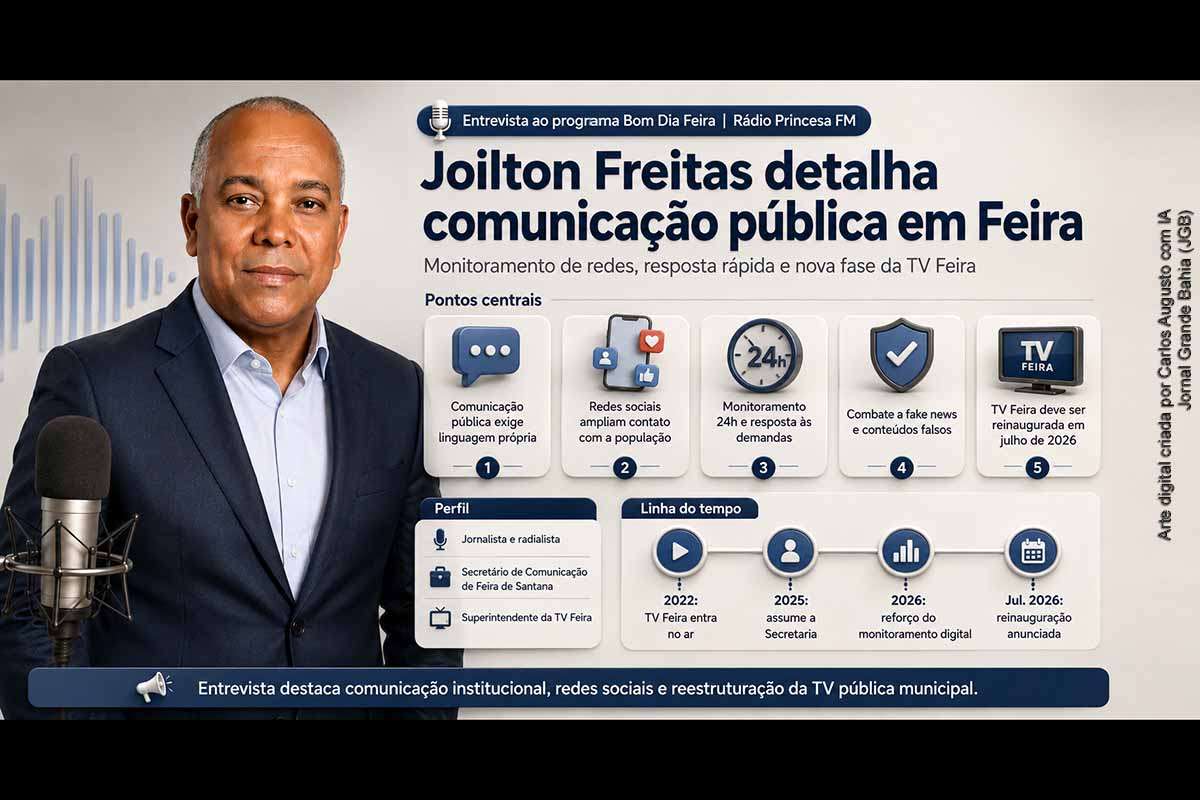 Joilton Freitas detalhou a estratégia de comunicação da Prefeitura de Feira de Santana, baseada no acompanhamento das redes sociais, na resposta às demandas da população e no monitoramento de informações falsas. O secretário avaliou a rotina administrativa de José Ronaldo e anunciou a reinauguração da TV Feira em julho de 2026. A nova etapa da emissora exigirá transparência orçamentária, critérios editoriais públicos, diversidade de conteúdos e mecanismos de acompanhamento social.
