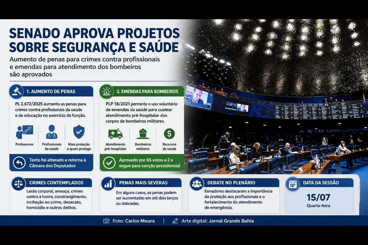 Plenário aprovou projetos sobre endurecimento das penas para crimes contra profissionais da educação e da saúde e sobre a destinação de emendas parlamentares para atendimento pré-hospitalar realizado pelos corpos de bombeiros.