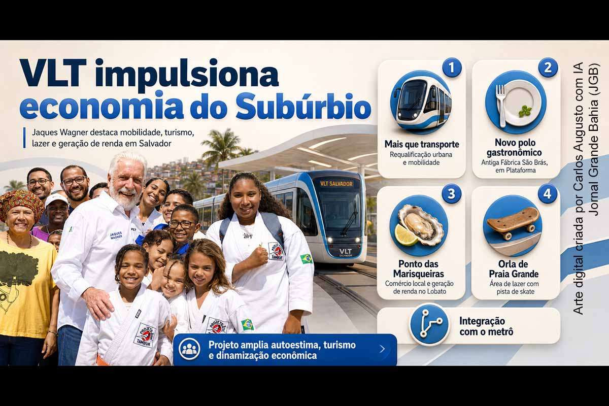 O senador Jaques Wagner afirmou que o VLT de Salvador deverá estimular a economia do Subúrbio Ferroviário ao integrar transporte, requalificação urbana, turismo e geração de renda. Durante visita com Jerônimo Rodrigues, Geraldo Júnior e Rui Costa, foram destacados o polo gastronômico da Fábrica São Brás, o Ponto das Marisqueiras e a pista de skate de Praia Grande. O projeto prevê 43,71 quilômetros e integração com o metrô.