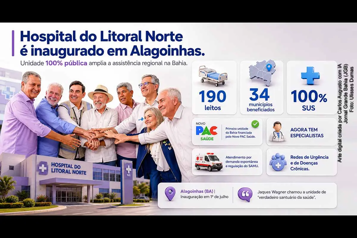 O presidente Lula participou, em 01/07/2026, da inauguração do Hospital Estadual do Litoral Norte, em Alagoinhas, ao lado de Jerônimo Rodrigues, Jaques Wagner e lideranças baianas. Com 190 leitos, atendimento pelo SUS e abrangência para 34 municípios, a unidade integra o Novo PAC Saúde e o Agora Tem Especialistas. O impacto dependerá do custeio, da regulação e do funcionamento pleno dos serviços anunciados.