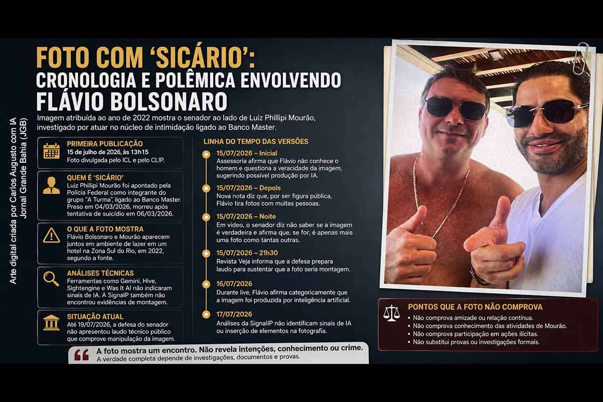 Divulgada em 15 de julho de 2026, a fotografia atribuída a 2022 mostra o senador Flávio Bolsonaro ao lado de Luiz Phillipi Mourão, conhecido como “Sicário” e investigado no Caso Banco Master. O senador apresentou versões diferentes sobre a autenticidade do registro e passou a alegar manipulação por inteligência artificial. Análises divulgadas não identificaram sinais públicos de montagem, mas a ausência do arquivo original impede conclusão pericial definitiva, e a imagem não comprova vínculo criminoso.