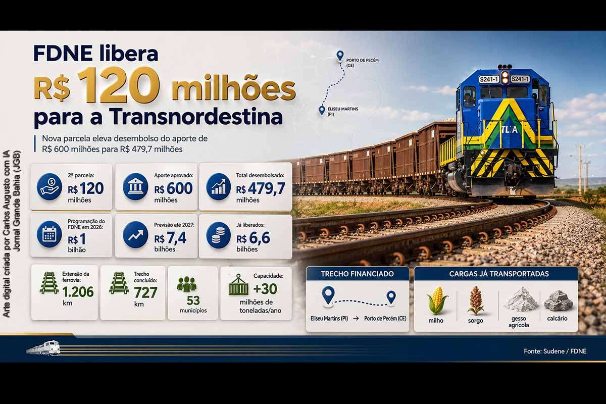 A Sudene aprovou a liberação de R$ 120 milhões do FDNE para a Ferrovia Transnordestina, elevando a R$ 479,7 milhões os desembolsos do aporte de R$ 600 milhões anunciado em julho. Os recursos serão aplicados no corredor entre Eliseu Martins e o Porto do Pecém. Com 1.206 quilômetros projetados, a ferrovia atravessará 53 municípios e poderá transportar mais de 30 milhões de toneladas por ano.