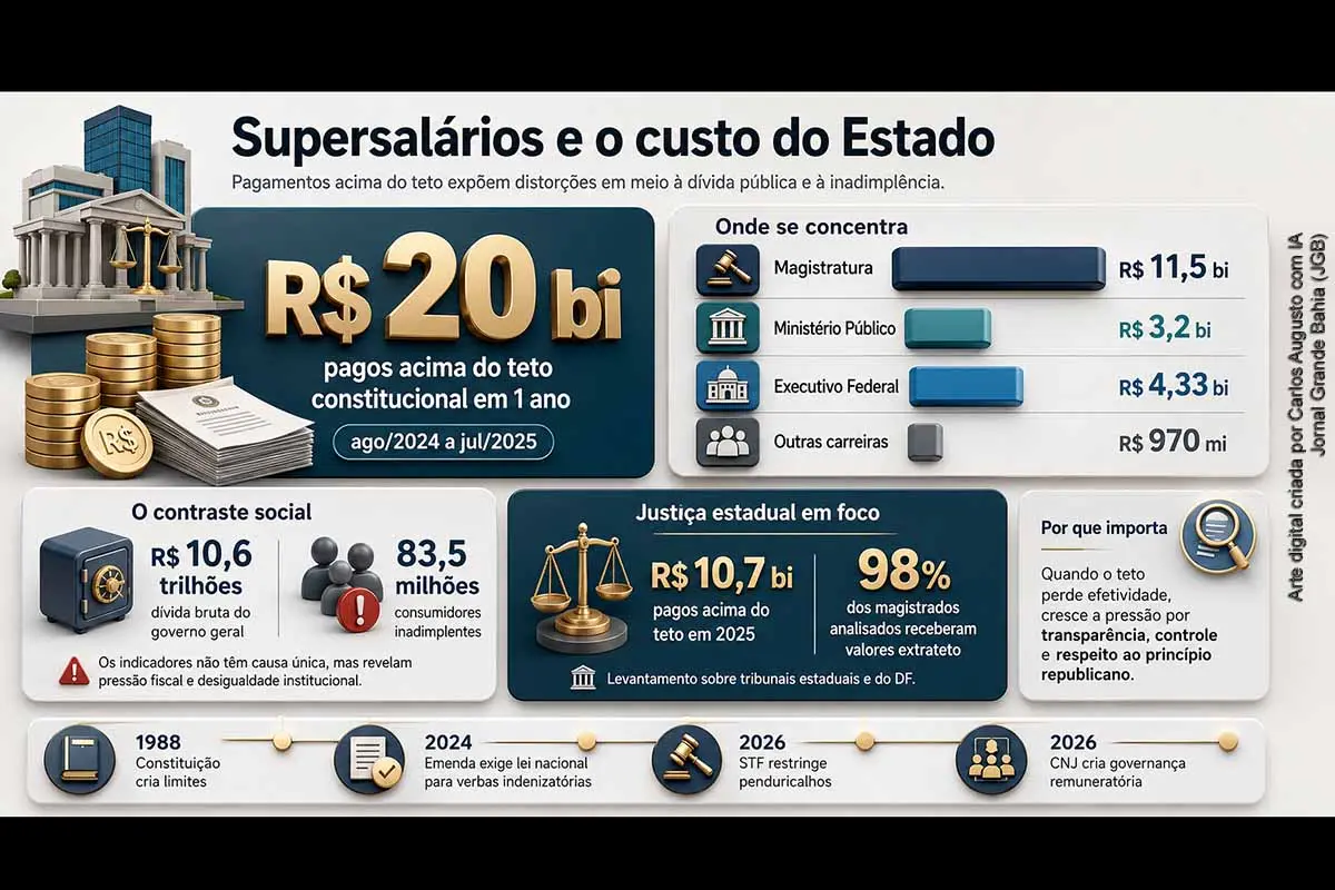 Pagamentos acima do teto constitucional custaram cerca de R$ 20 bilhões ao Brasil, com concentração na magistratura, no Ministério Público e em carreiras jurídicas. O cenário contrasta com uma dívida pública de R$ 10,6 trilhões, juros nominais superiores a R$ 1,1 trilhão e 83,5 milhões de consumidores inadimplentes. Embora os fenômenos não possuam causalidade direta, revelam desigualdades institucionais e fragilizam a legitimidade do Estado.