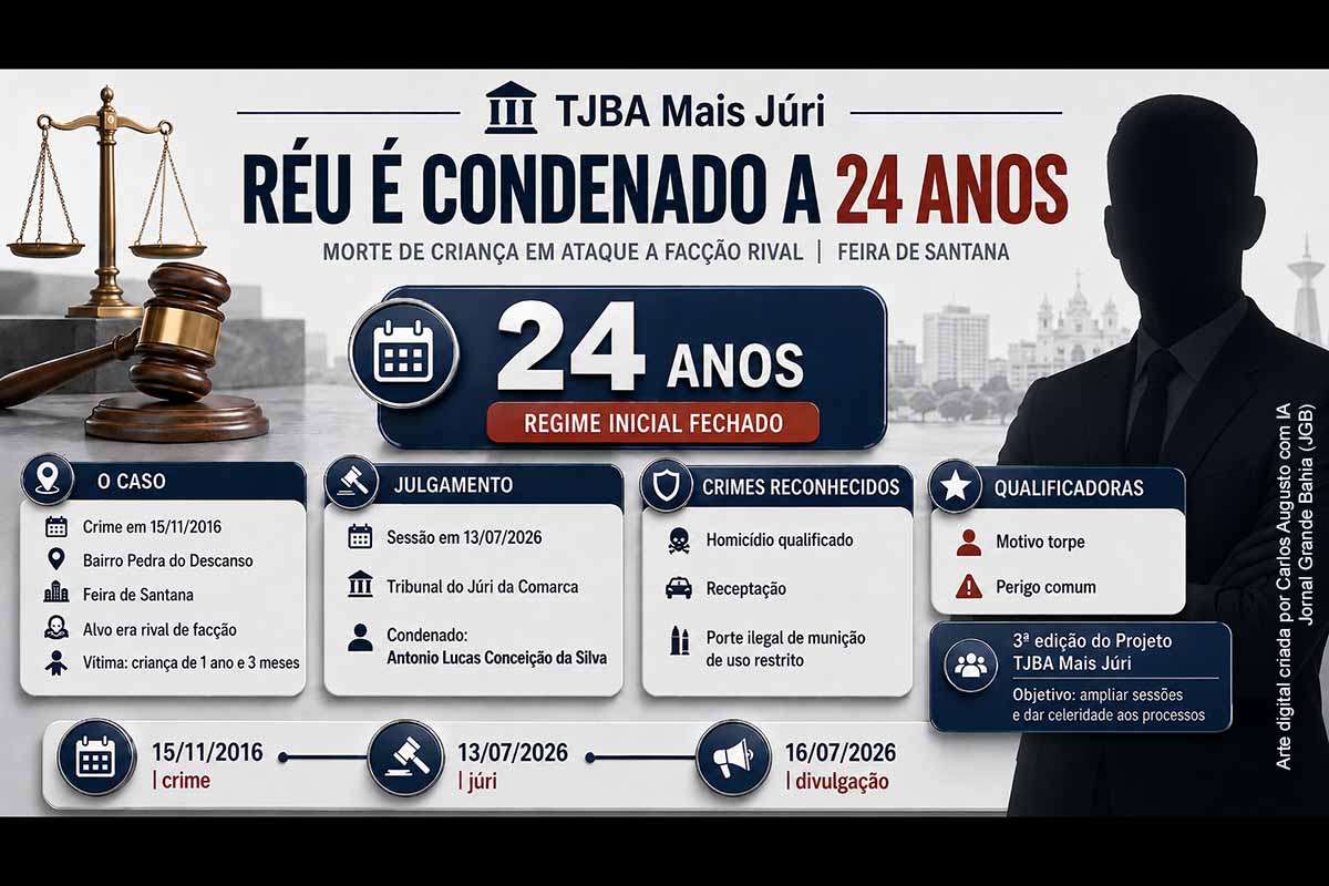 O Tribunal do Júri de Feira de Santana condenou Antonio Lucas Conceição da Silva a 24 anos de prisão, em regime fechado, pela morte de uma criança de 1 ano e 3 meses durante ataque contra integrante de facção rival, em 2016. O Conselho de Sentença reconheceu homicídio qualificado, receptação e porte ilegal de munição restrita. O julgamento integrou a terceira edição do Projeto TJBA Mais Júri.