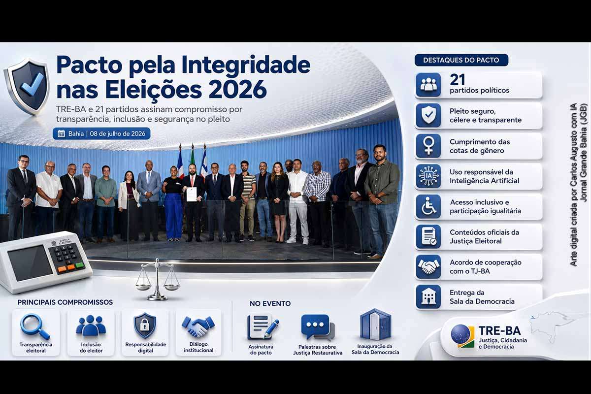 O TRE-BA e representantes de 21 partidos políticos assinaram, em Salvador, o Pacto pela Integridade nas Eleições 2026. O documento reúne compromissos sobre transparência, cotas de gênero, inclusão eleitoral, divulgação de informações oficiais e uso responsável de inteligência artificial. A solenidade também marcou uma cooperação com o TJ-BA sobre Justiça Restaurativa e a inauguração da Sala da Democracia, destinada à interlocução permanente com as legendas.